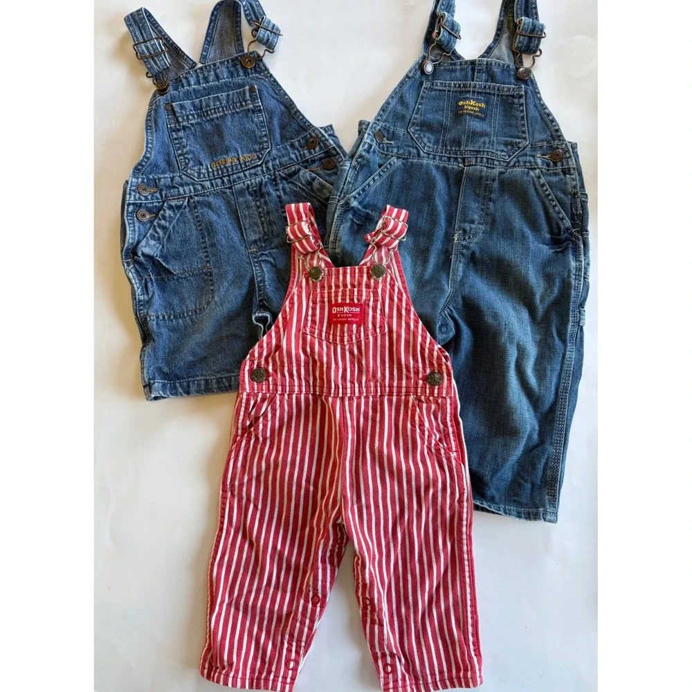 OshKosh B'gosh Toddler Overalls Bundle 18M Denim & Red Striped 3 PC Shortall